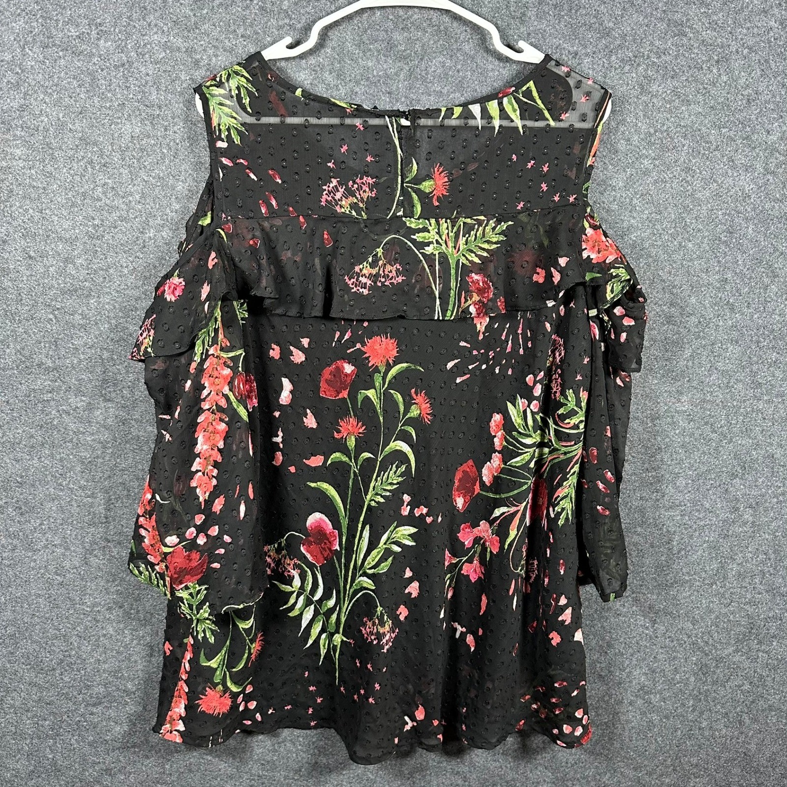 Roz & Ali Womens 2X Black Red Floral Clip Dot Cold Shoulder Ruffle Blouse Top