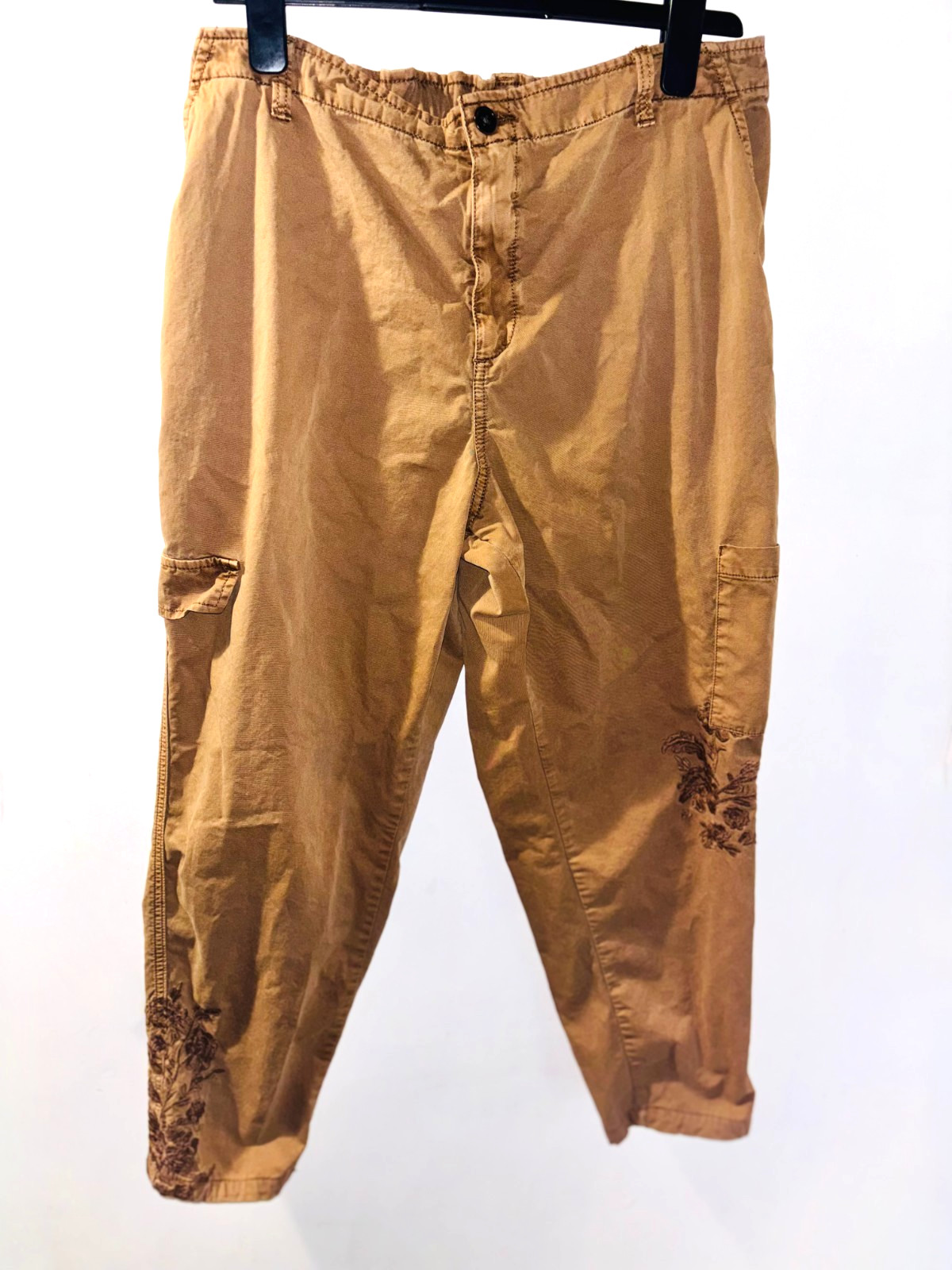 TU 100% Cotton Camel Elasticated Waist Embroidered Combat Trousers, Size – 18