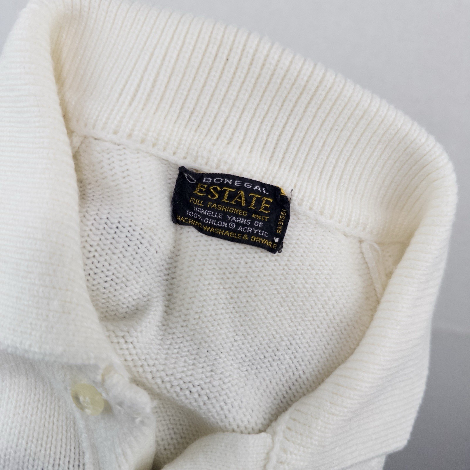 60’s Vtg Donegal Estate Mens L Orlon Acrylic Knit Polo Sweater Loop Collar Cream