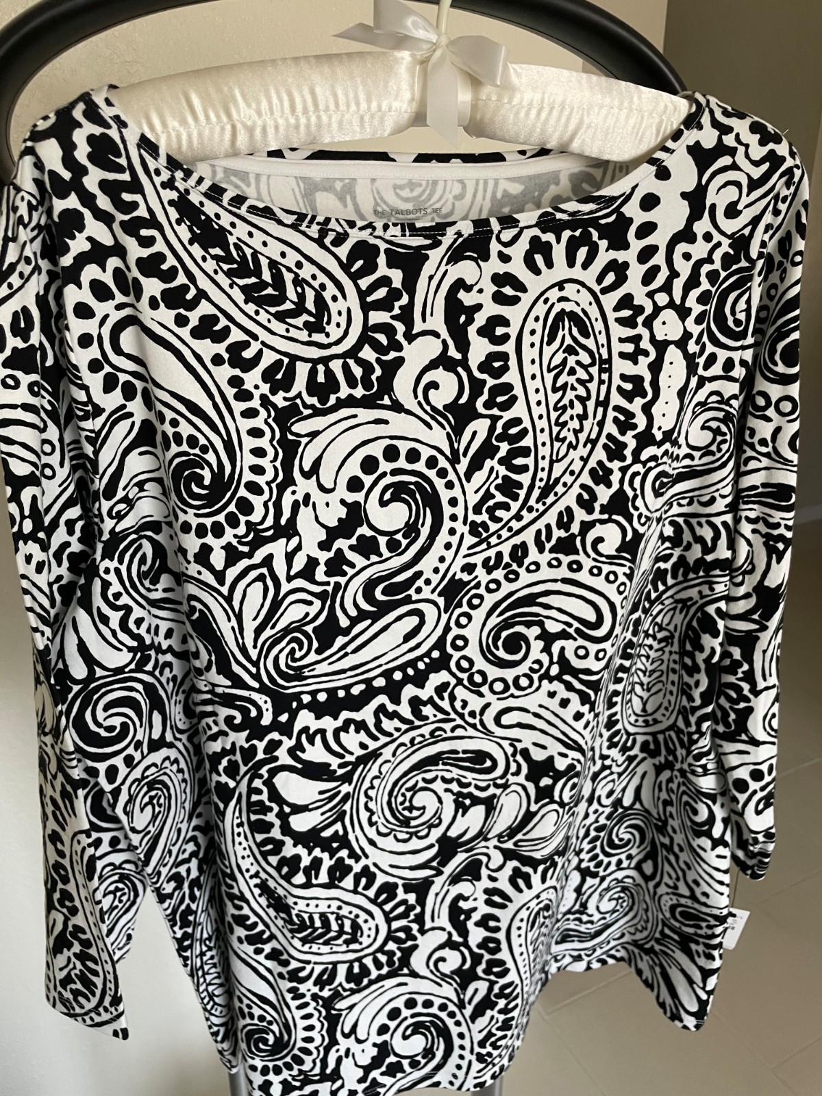 Talbots 1X Black and White Paisley Swirl 3/4 Sleeve Top NWT
