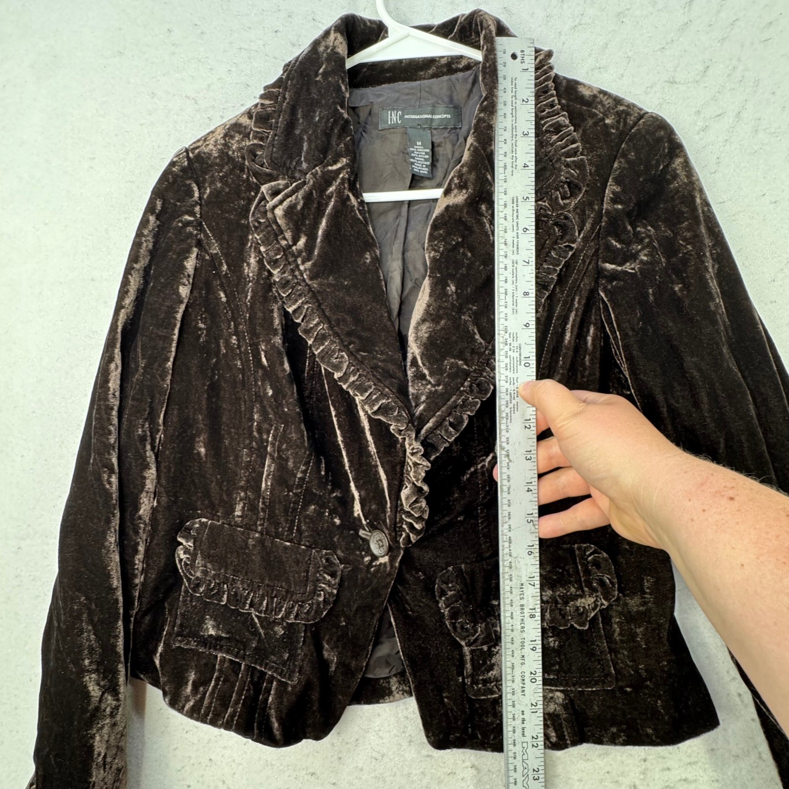 INC Velvet Blazer Womens Medium Brown Ruffle Trim Victorian Goth Jacket