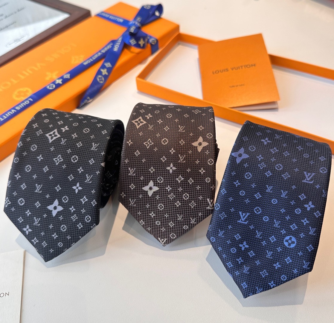 L.V. Paris Designer Silk Tie Black Grey Monogram Pattern Luxury Necktie w/ Box