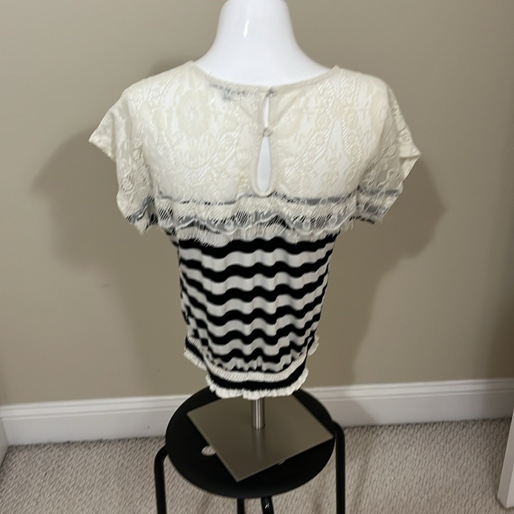 Charlotte Russe Black & White Striped Top with Lace Yoke Size Small