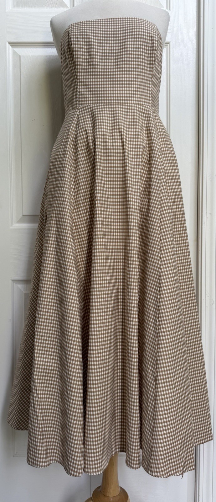 $278 NWT Reformation SZ 10 Strapless Astoria Dress Camel Ivory Anzo Check Tulle