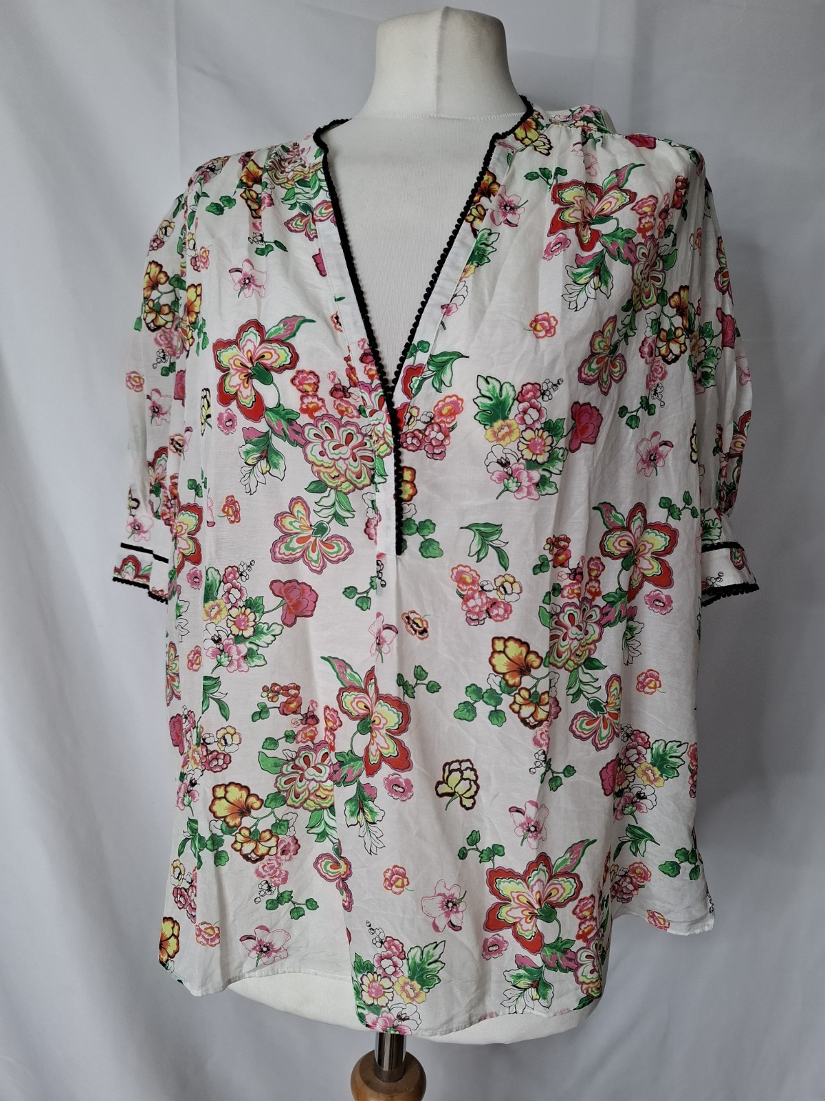 Me+Em Silk Cotton Floral Swirl Print Blouse Short Sleeve Size Uk 16