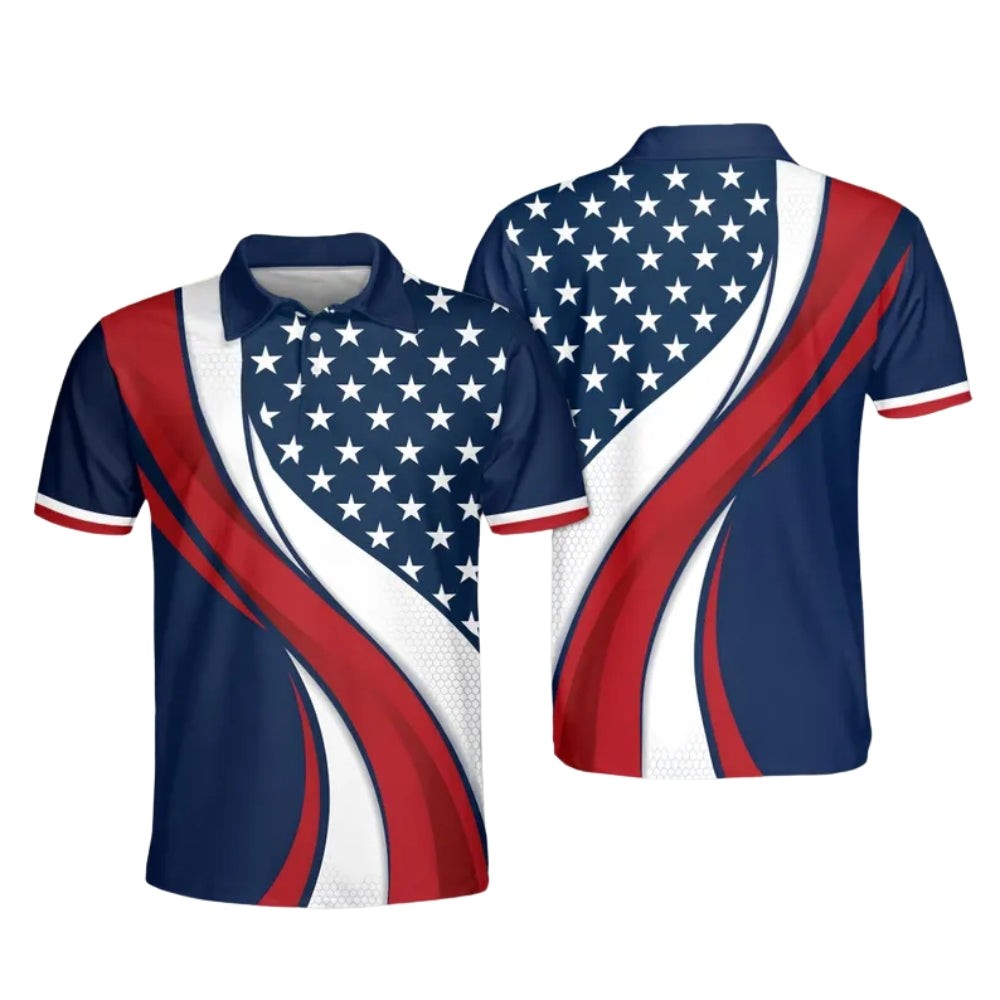 Custom Name American Flag Red White And Blue Golf Polo Shirt Fullsize S-5XL