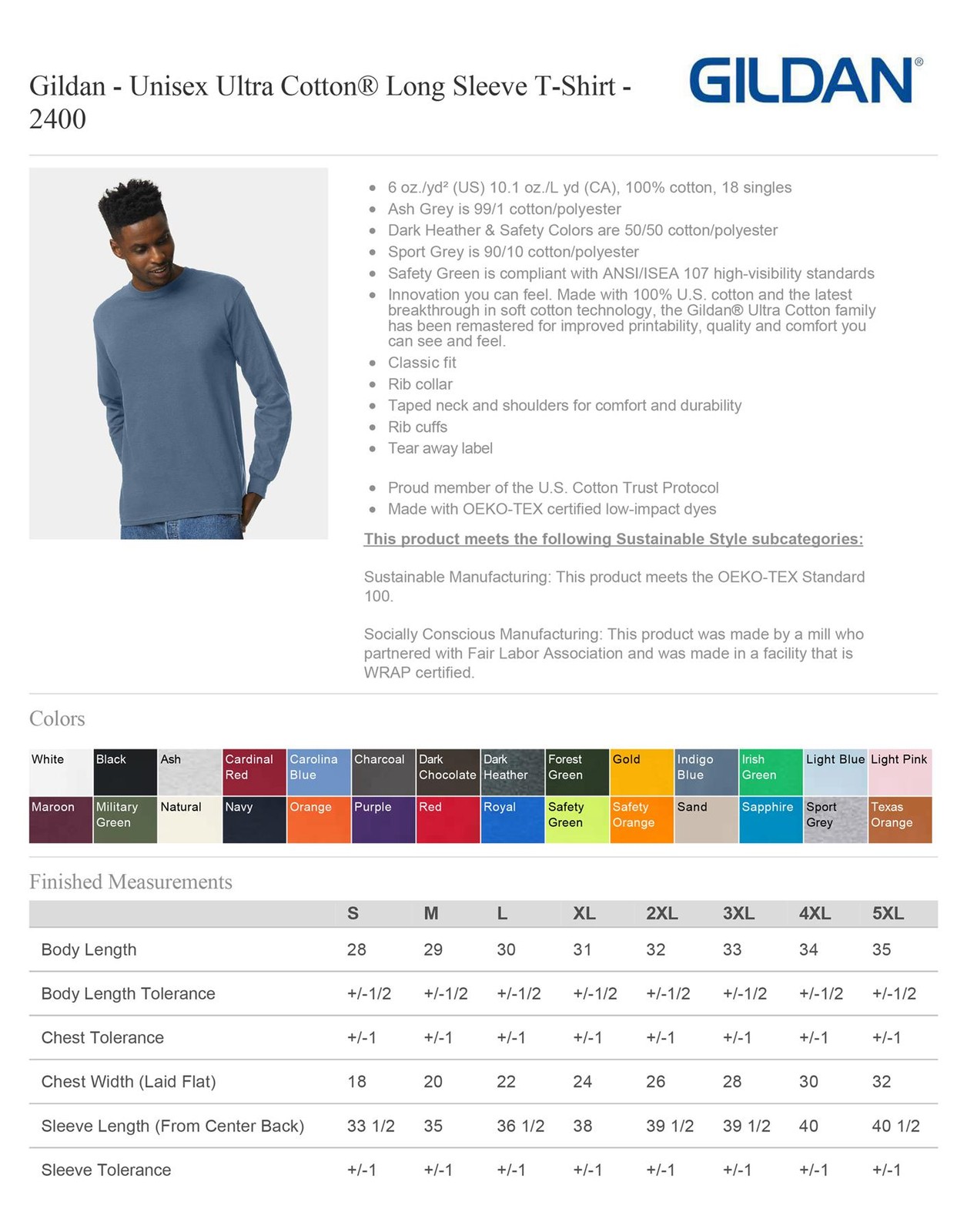 Gildan Men’s Long Sleeve Ultra Cotton T-Shirt Sizes S-5XL 2400