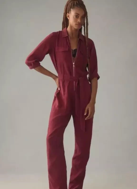 Anthropologie Cloth & Stone Zip Front Utility Jumpsuit Burgundy/Maroon XL NWT