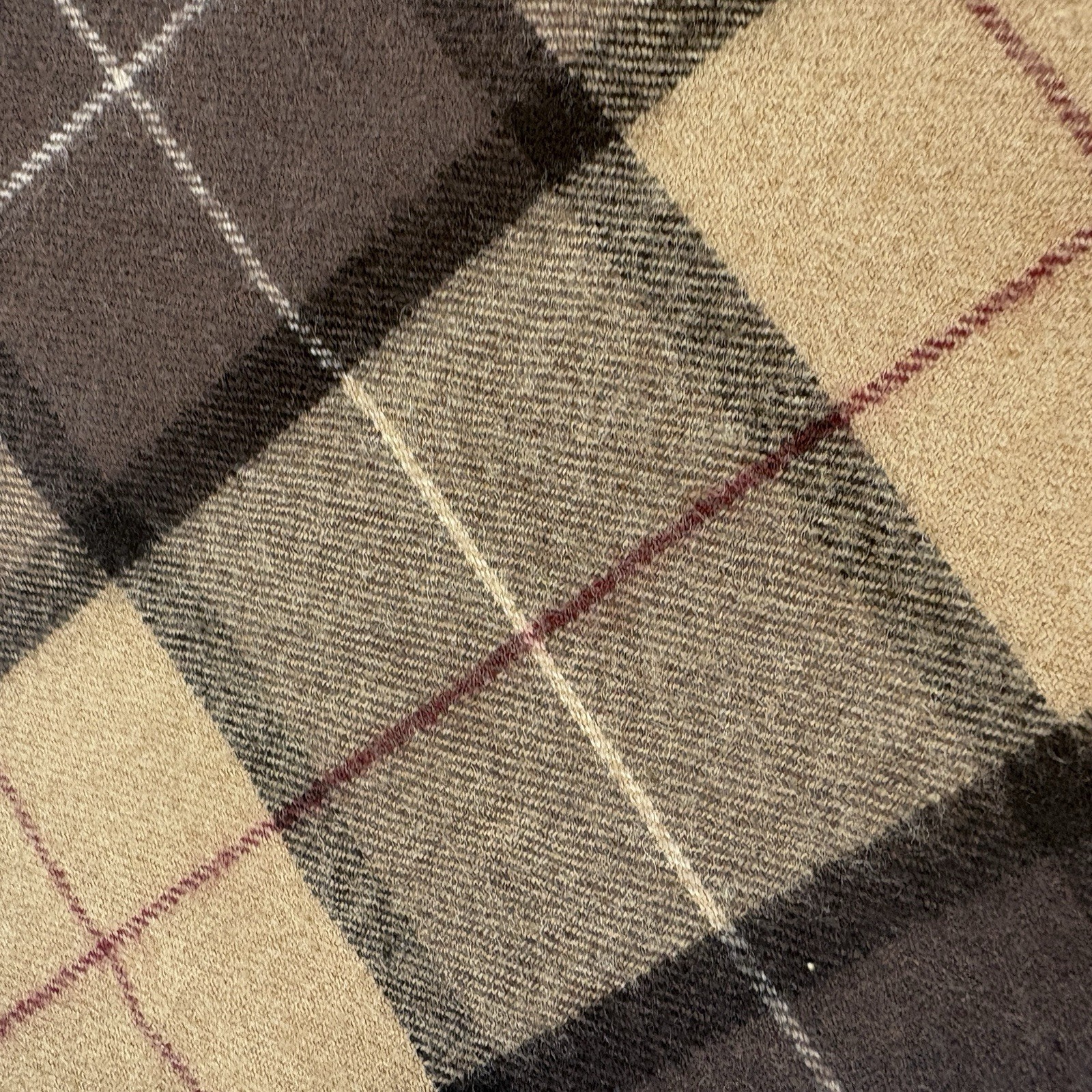 Plaid Wool Scarf Unisex 48 inches x 10 inches Tan Beige White Black Red Fringe