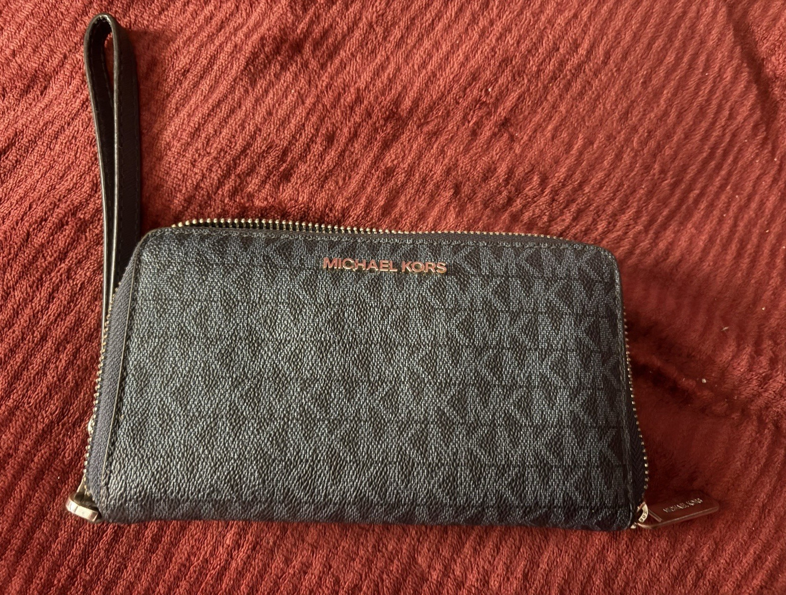 Michael Kors Black Logo Pattern Zip-Around Wristlet Wallet w/ Wrist Strap