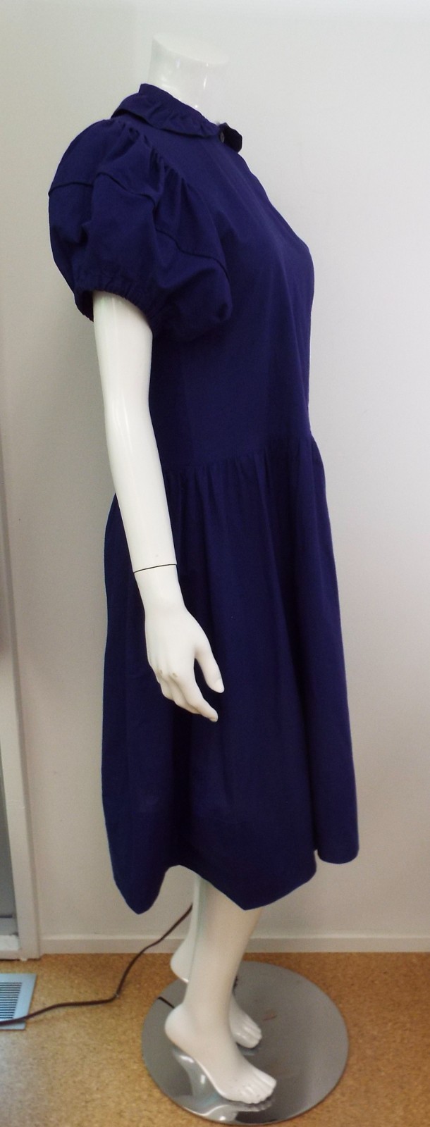 VTG 1980s KENZO Blue Puff Sleeve Dress Small Cotton Asymmetrical Button Wrap Top