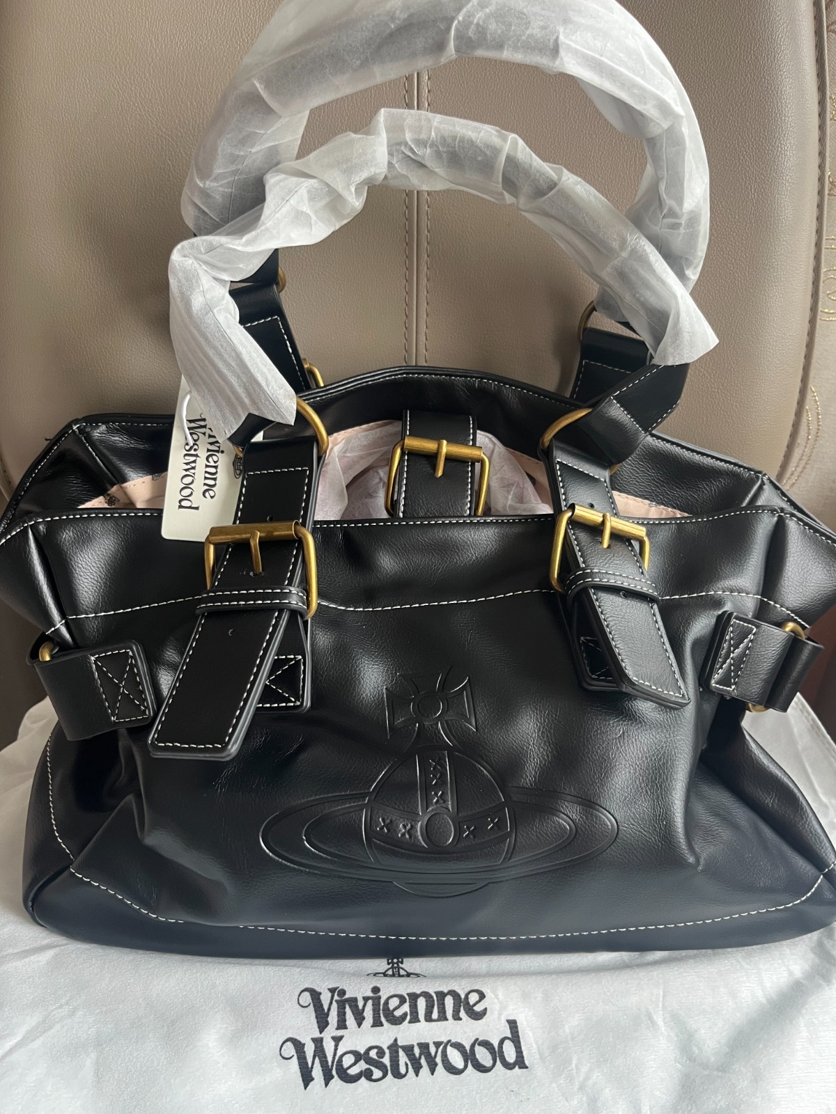 Vivienne Westwood Tote Bag Orb Embossed Black Shoulder Leather Handbag