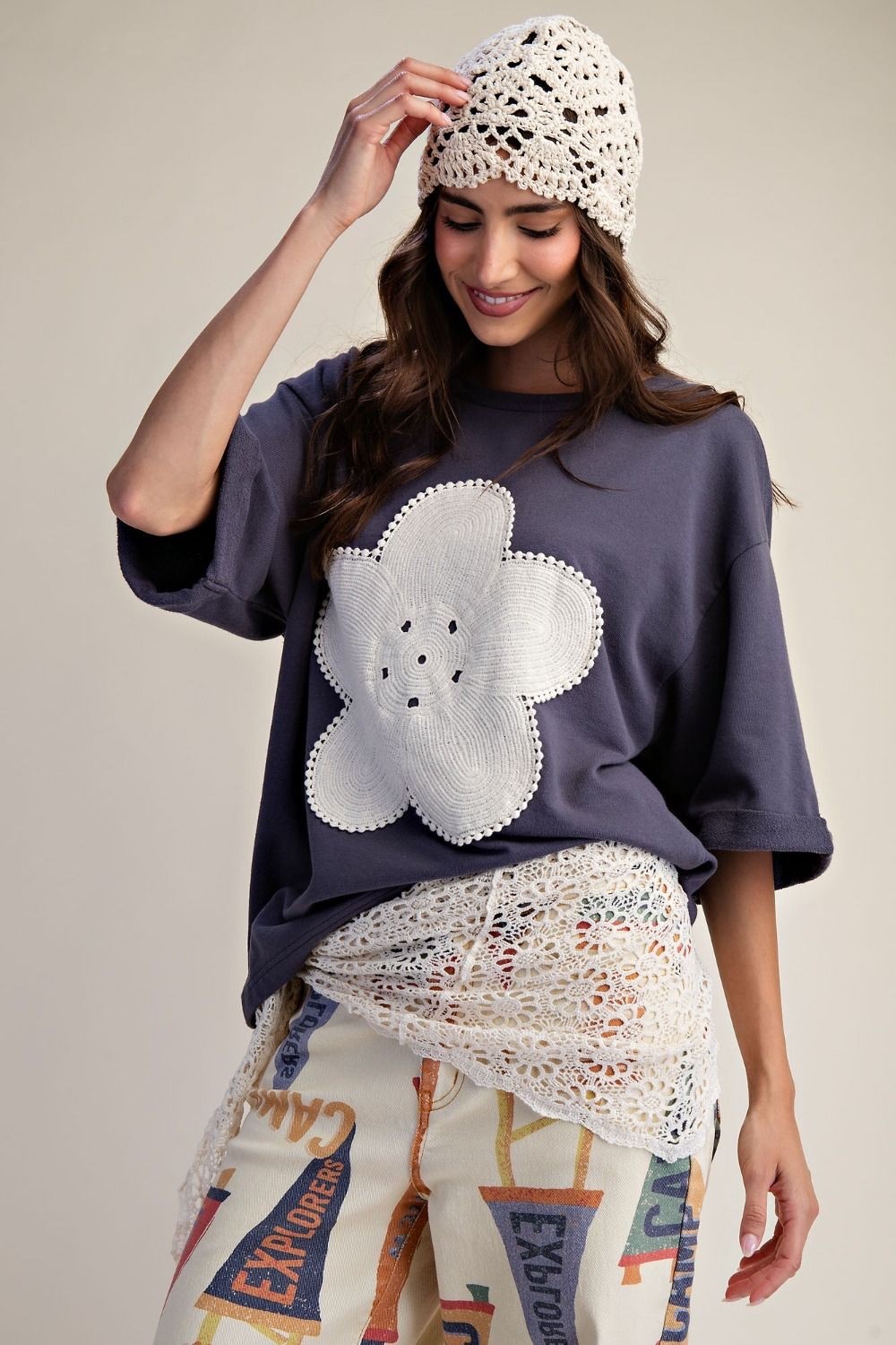 Easel Women’s Crochet Floral Patch Washed Knit Top in Blueberry