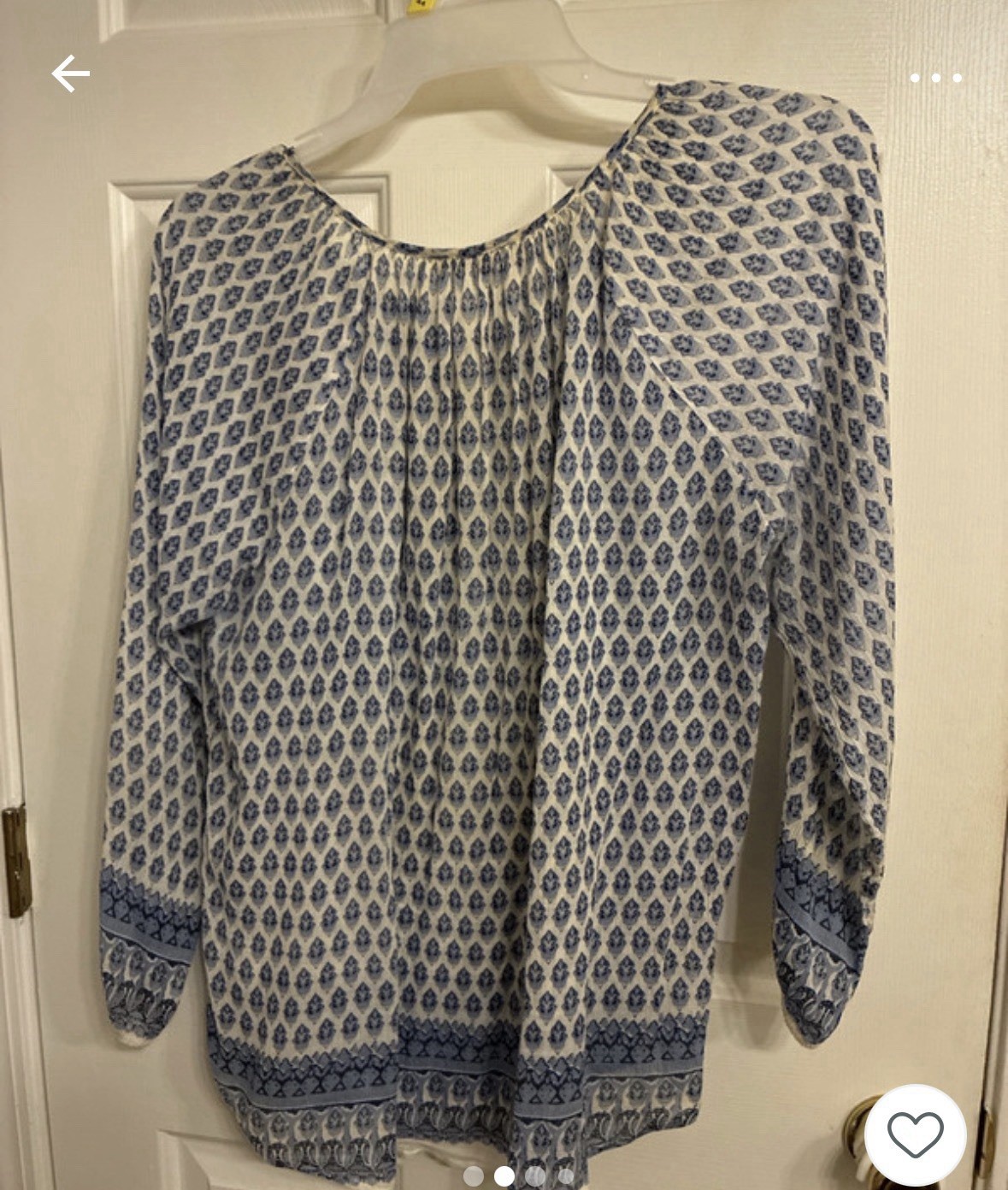 BLU Women’s Blue/White Geometric Round Neck Tie Tasseled Blouse fits like large