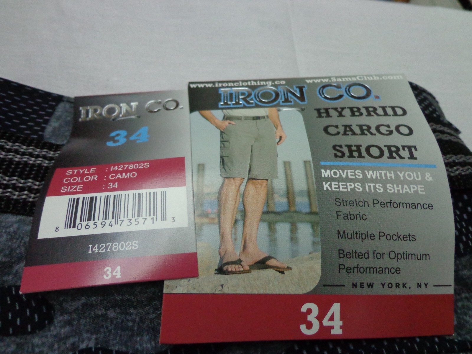 Iron Co Belted Stretch Performance Hybrid Cargo Shorts Gray Camo Size 34