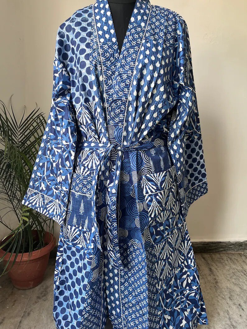 Indian Blue Patchwork Print Cotton Robe Long Kimono Sleepwear Night Suit Kimono