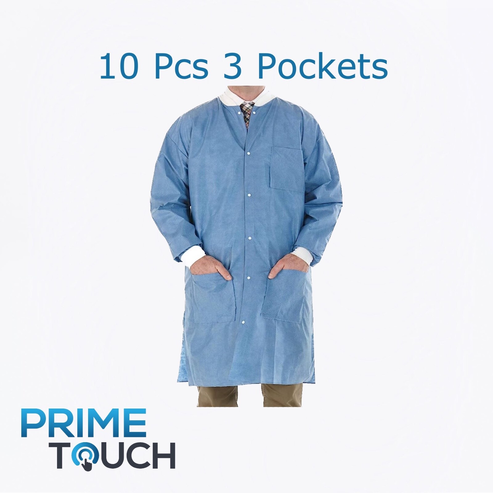 10 Pcs Medical Dental Disposable Lab Coat Gown 3 Pockets Blue S, M, L, XL