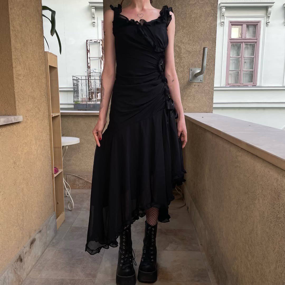 Vintage Whimsigoth Black Midi Dress Side Lace Up Corset Ribbon Ruffle Hem XXS XS