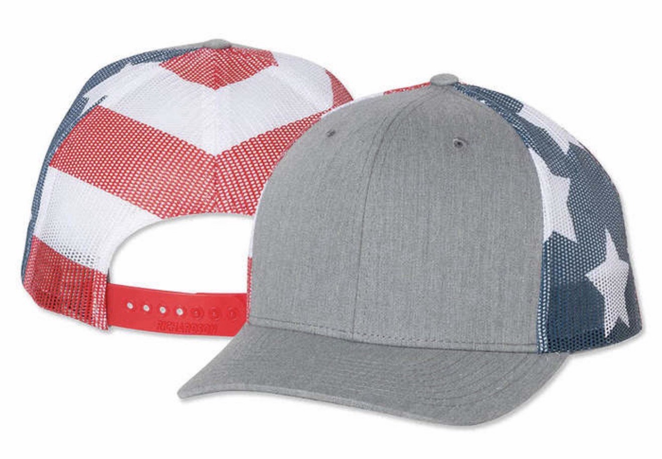 Richardson 112 Trucker Hat Gray Mesh Back Adjustable USA Flag Patch Patriotic