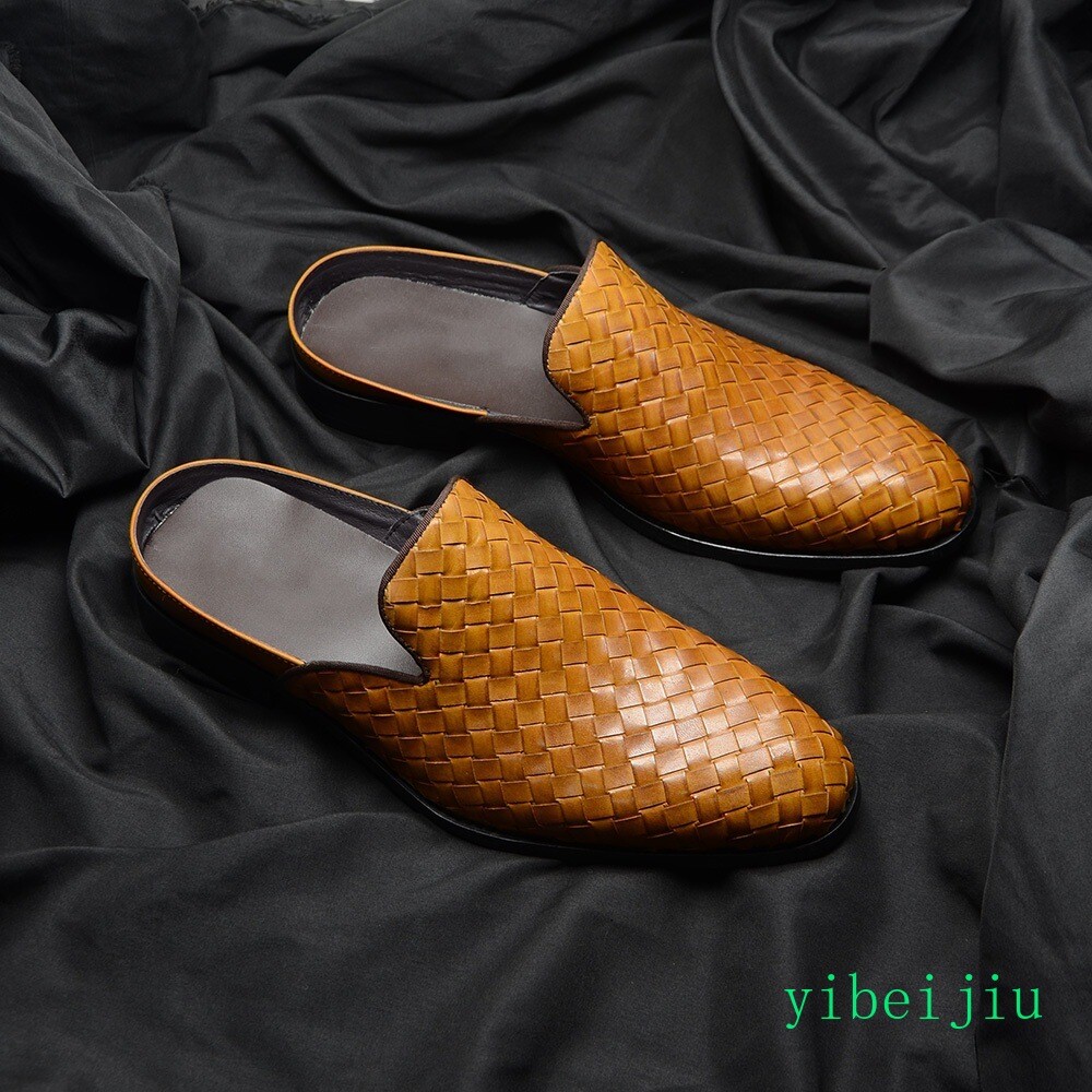2026 Mens Real Leather Weave Woven Slipper Dress Slide Shoes Slip On Sandals Man