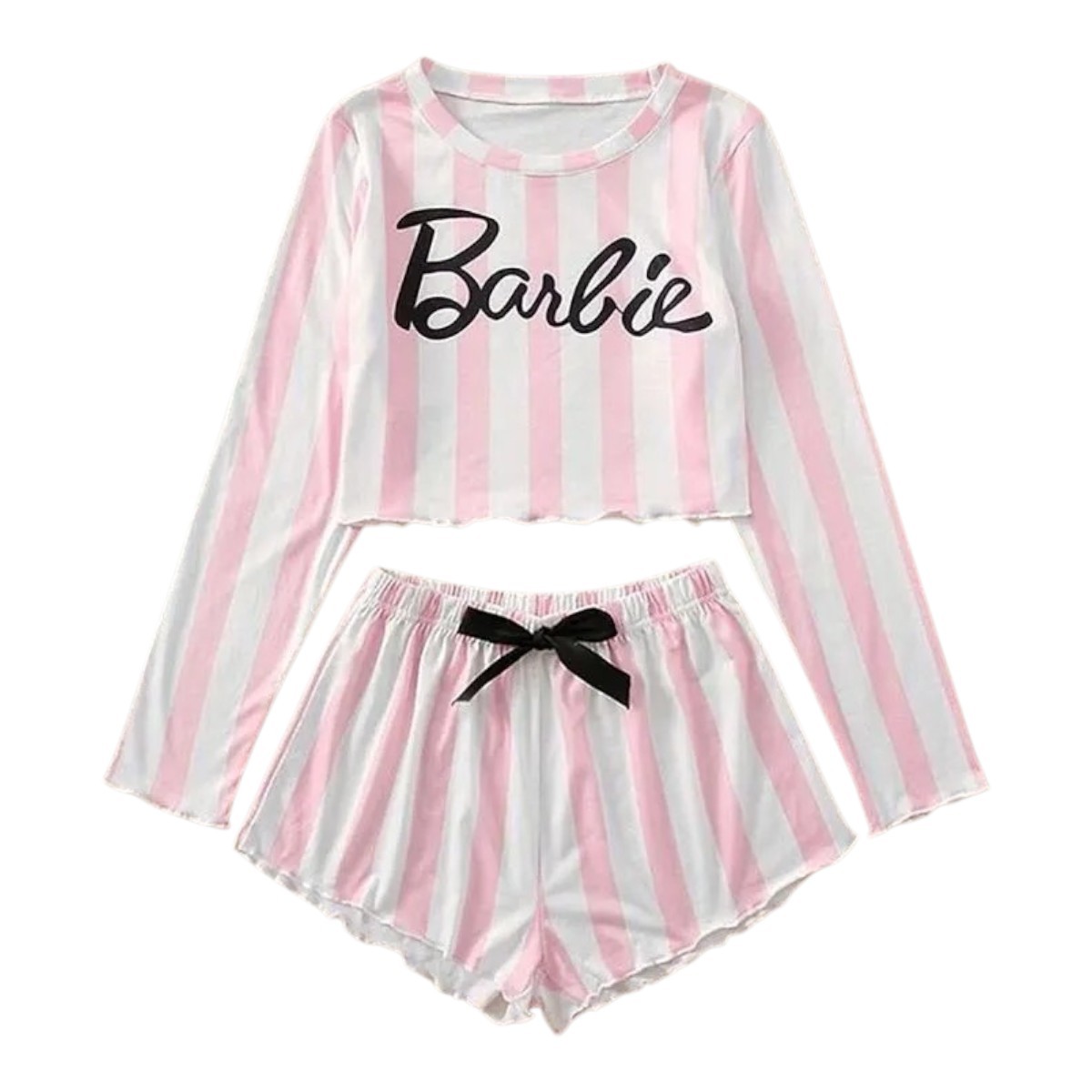 Barbie Pink White Striped Satin Pajama Set Bow Long Sleeve Top & Shorts Size L
