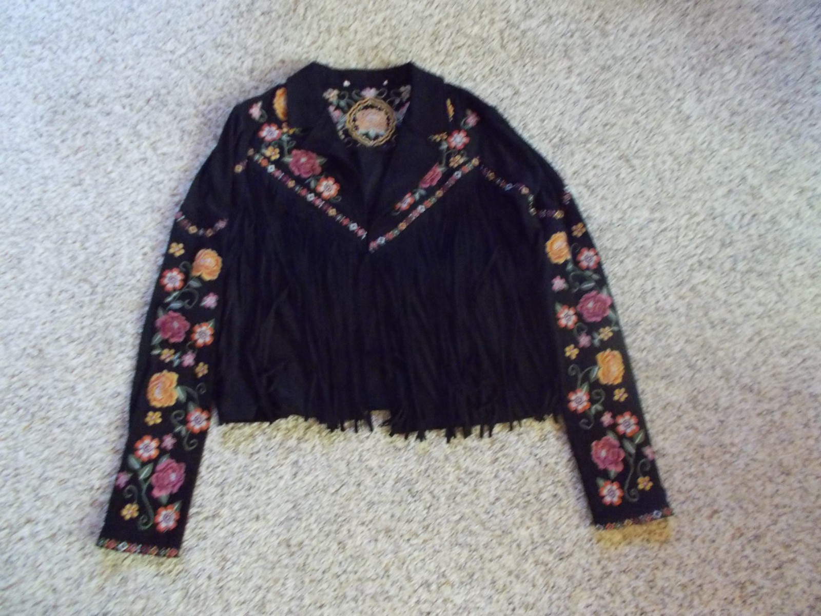Savanna Jane Faux Suede Black Embroidered Jacket Fringe Flowers sz S M