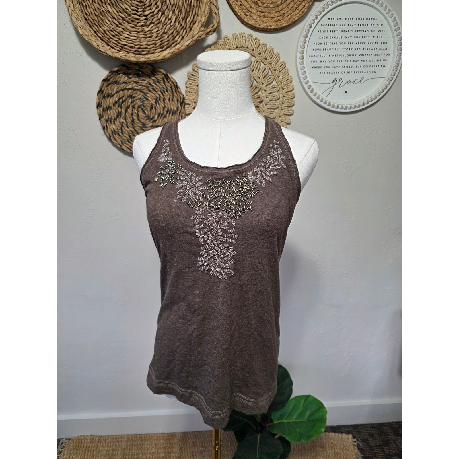 Vintage Abercrombie + Fitch Brown Beaded Y2k Tank Womens M Fairy Boho Festival