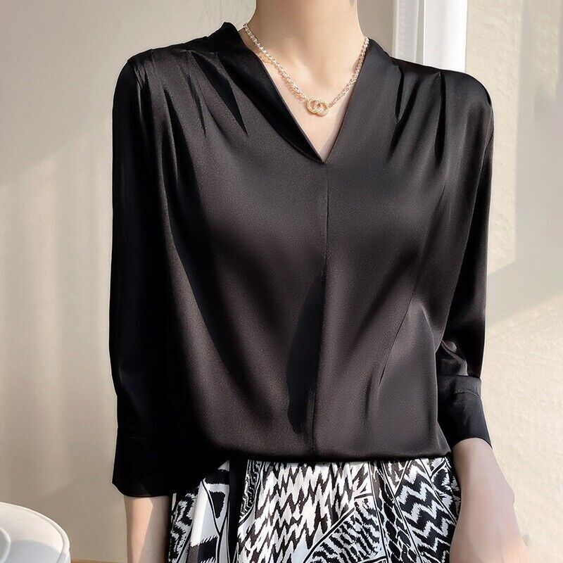 HOT Mulberry Silk Long-sleeved Shirt Women’s Morning Satin Chiffon V-neck Top