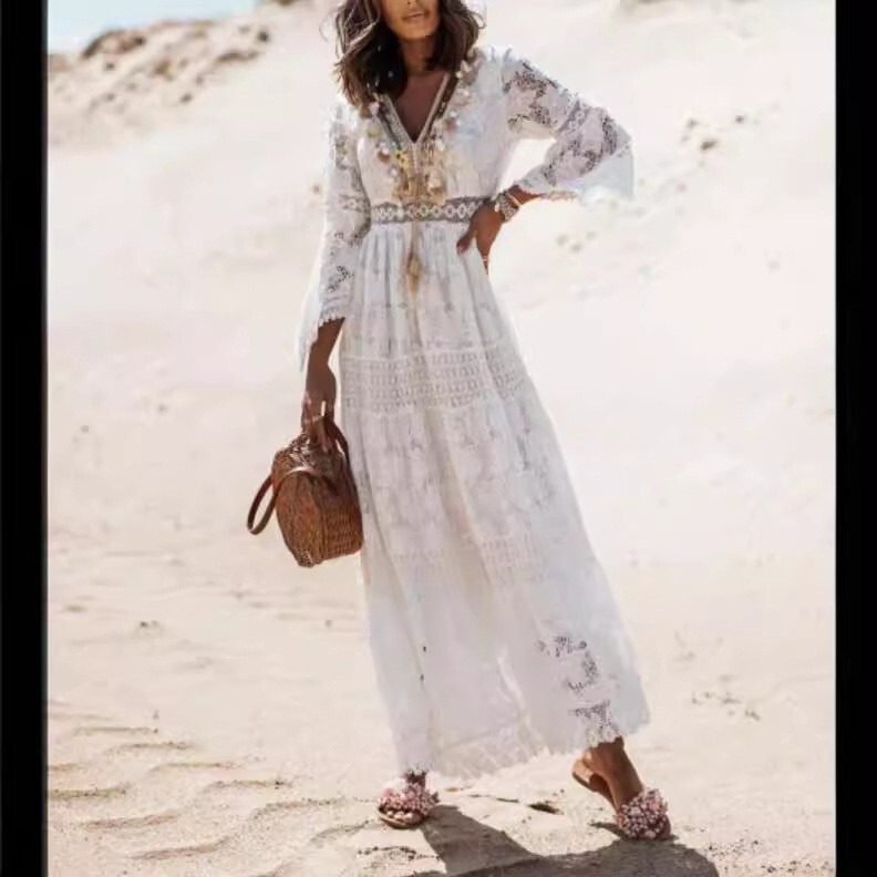 Women’s Boho Maxi Lace V Neck Flare Sleeve Dress Summer Party Beach Sundress