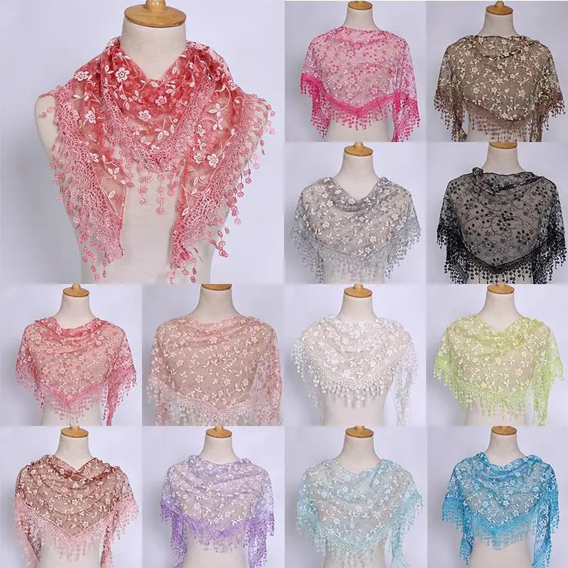 Women Tassel Triangle Scarf Embroidered Lace Floral Shawl Veil Wrap
