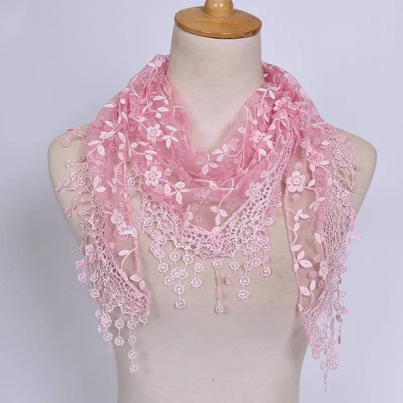 Women Tassel Triangle Scarf Embroidered Lace Floral Shawl Veil Wrap