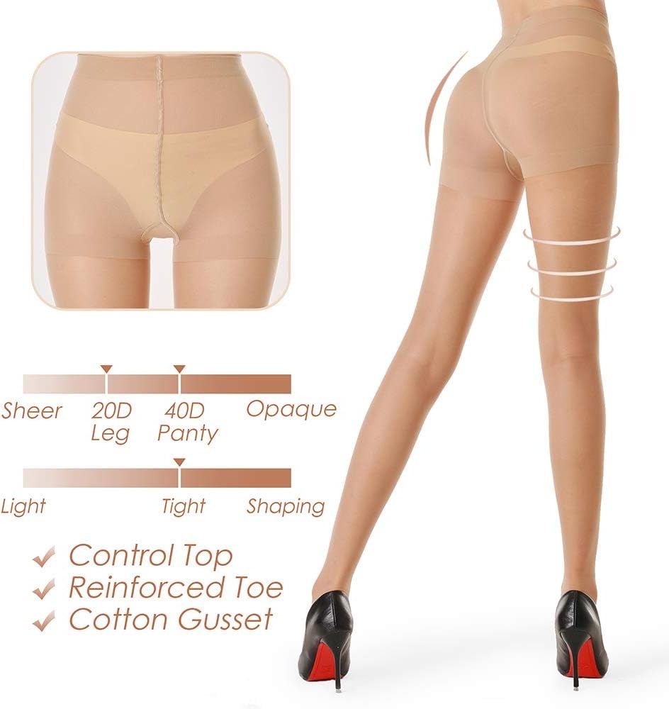 3 Pairs Women’s Sheer Tights – 20D Control Top Pantyhose with Reinforced Toes