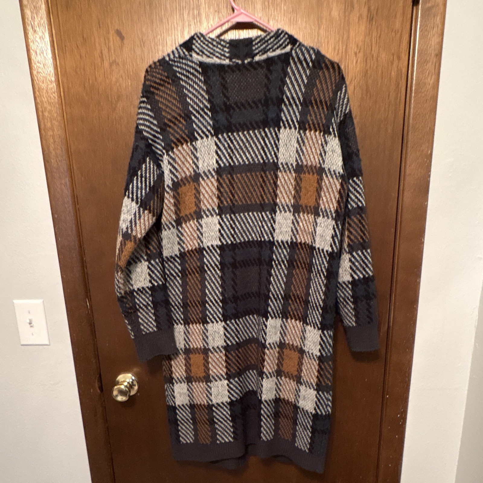 DEX Women’s M Plaid Knit Open Front V-Neck Long Sleeve Cardigan Sweater