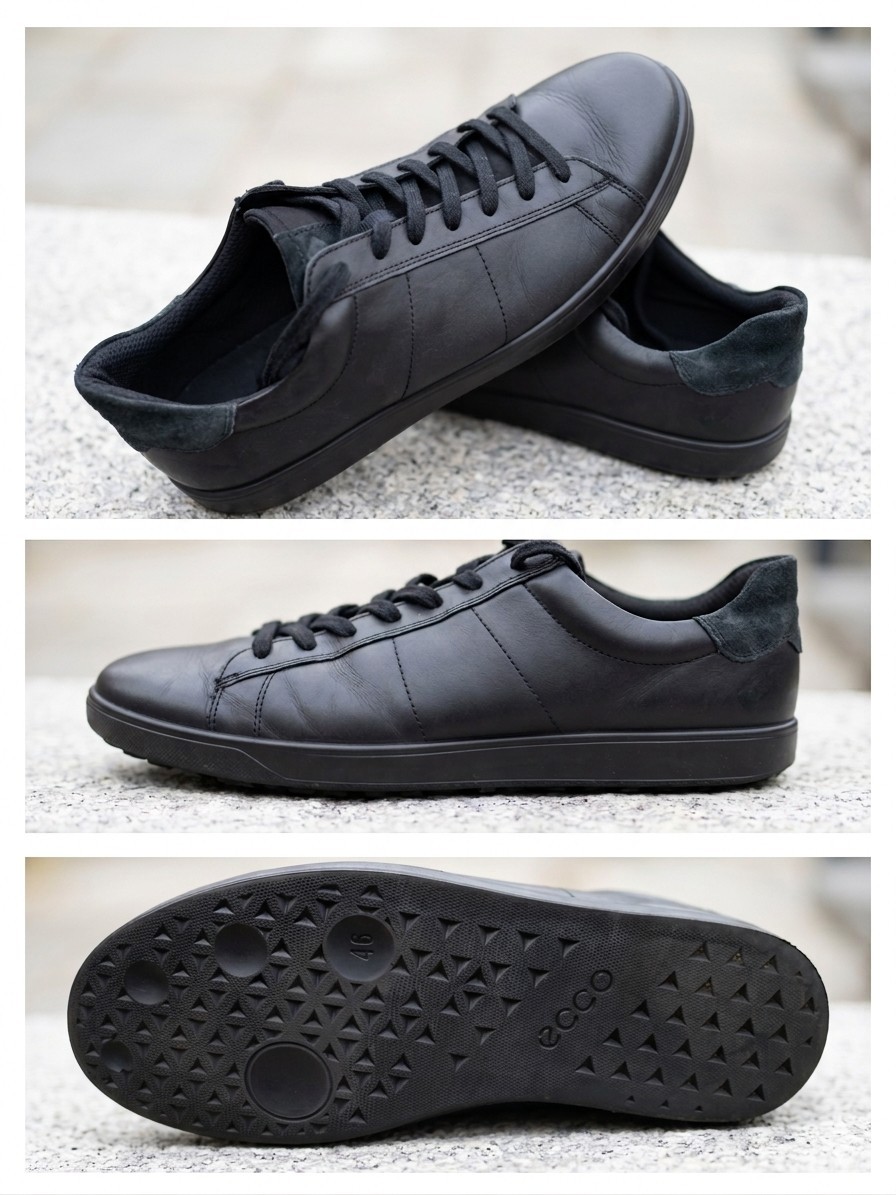 ECCO Men’s Black Leather Lace-Up Casual Street Sneakers Round Toe Size 12 US