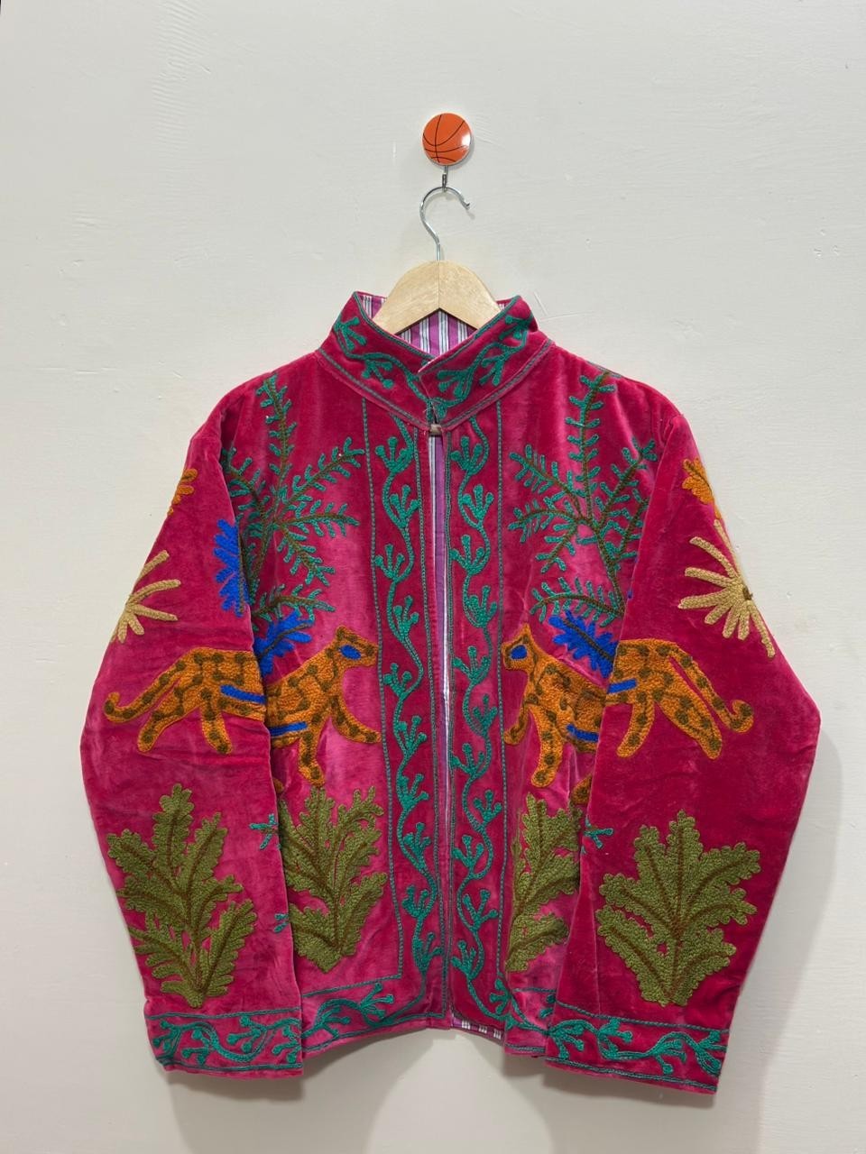 Pink Velvet Suzani Jacket Leopard Animal Embroidered Ethnic Women Boho Coat US