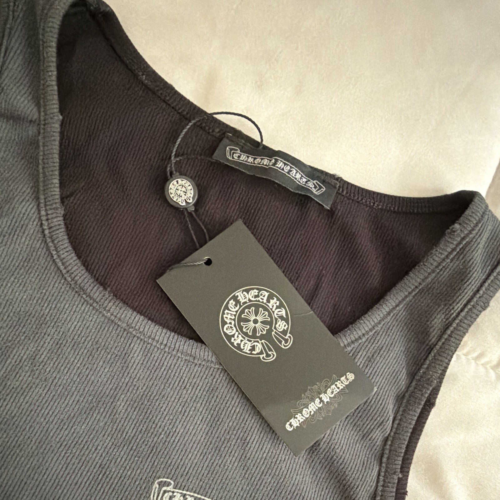 Chrome Hearts Black Ribbed 100% Cotton Scoop Neck Slim Logo Cross Tank S
