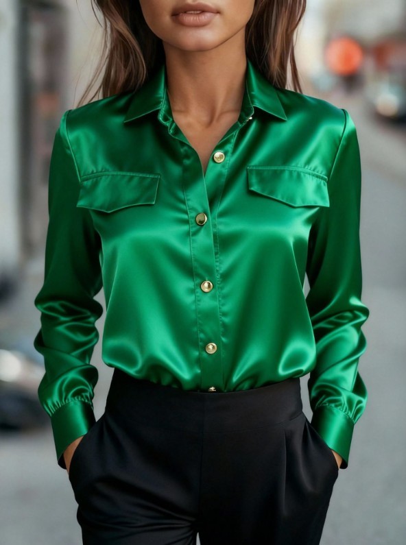 Women Satin Button Down Shirt Long Sleeve Collared Solid Casual Office Blouse