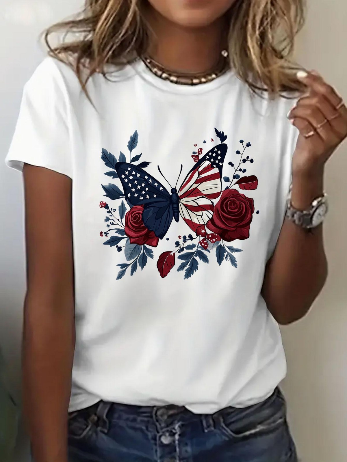 Womens Crew Neck Fashionable Heart Print T-Shirt – Round Neck Casual Top