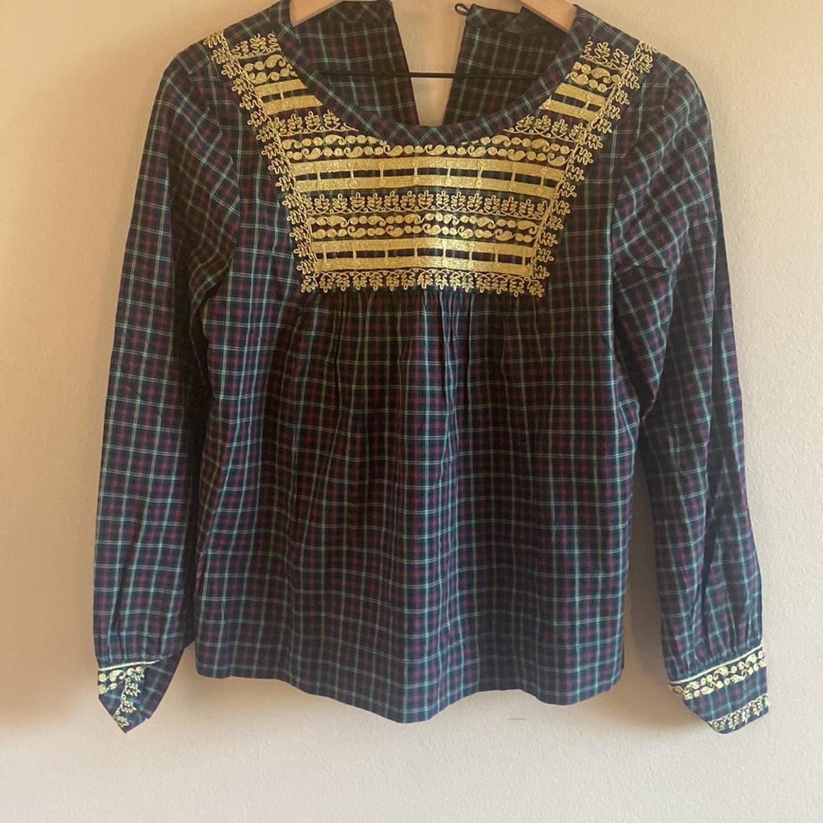 NWT J.Crew Embroidered Plaid Peasant Blouse Women’s XS 100% Cotton Boho