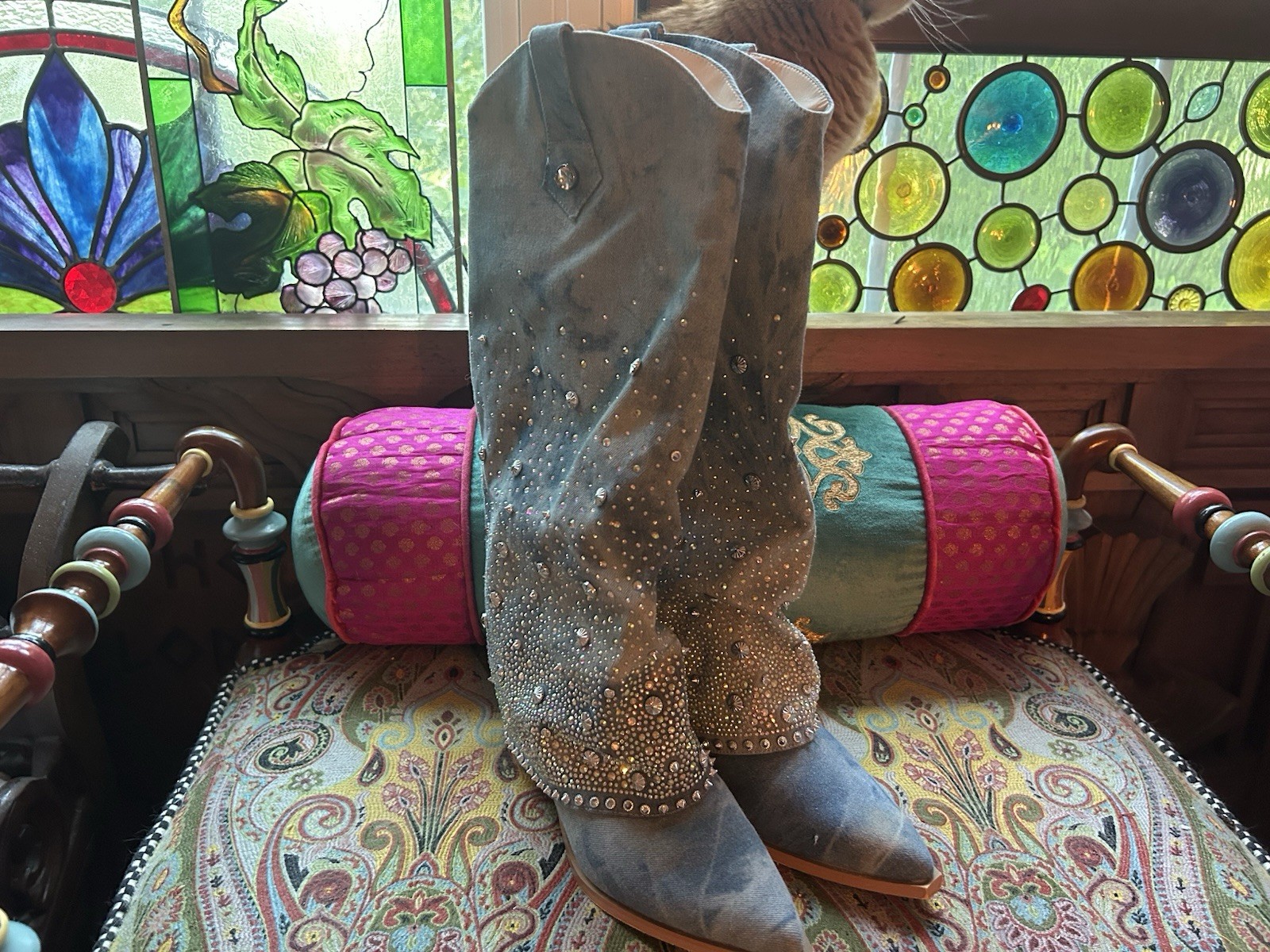 Women’s Blue Western Knee High Pull-On Boots Pointed Toe Studded Rhinestone 8.5