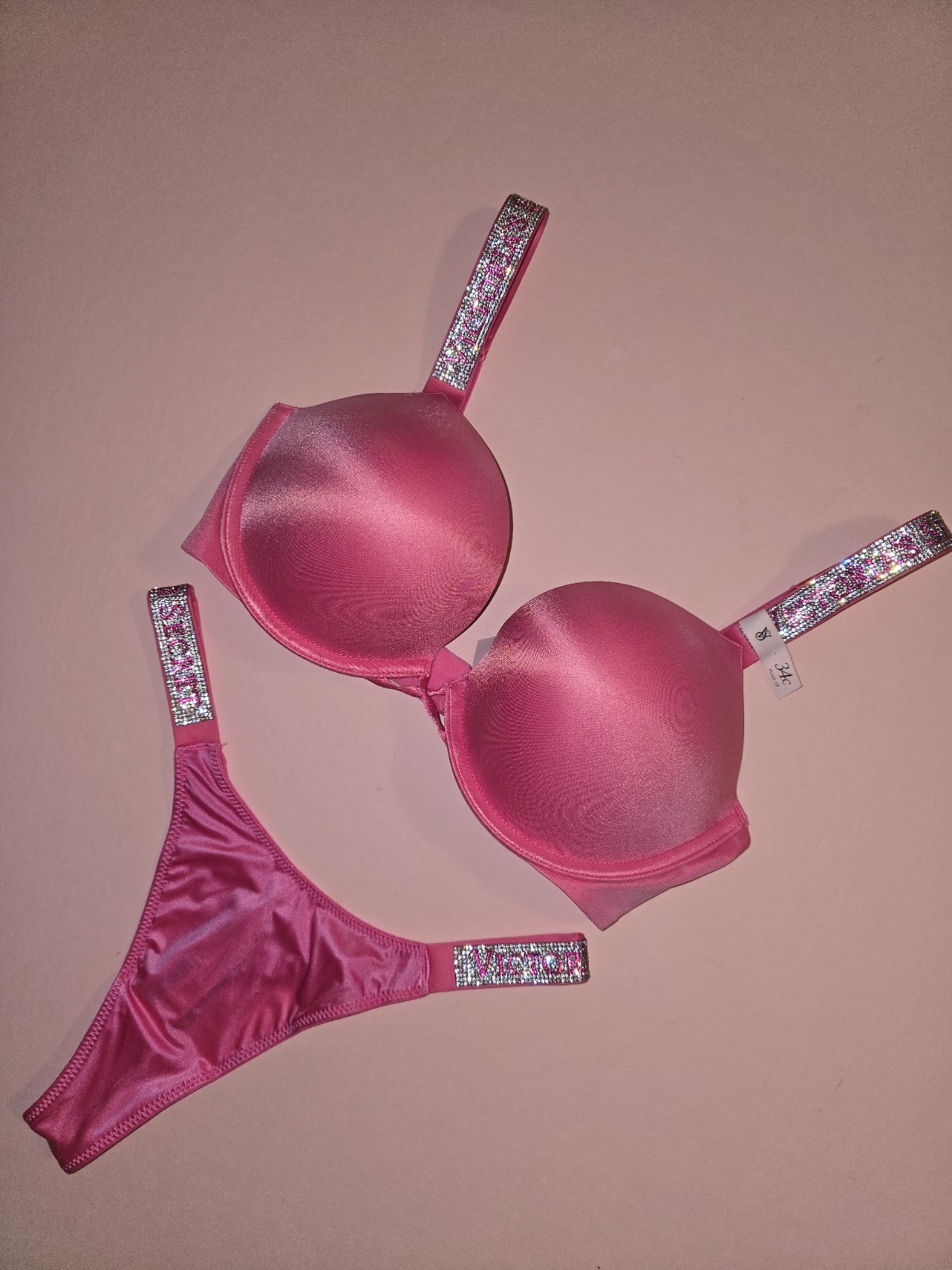 Victoria’s Secret Shine Strap Bombshell Push Up Bra Thong Set Rose Garden NWT