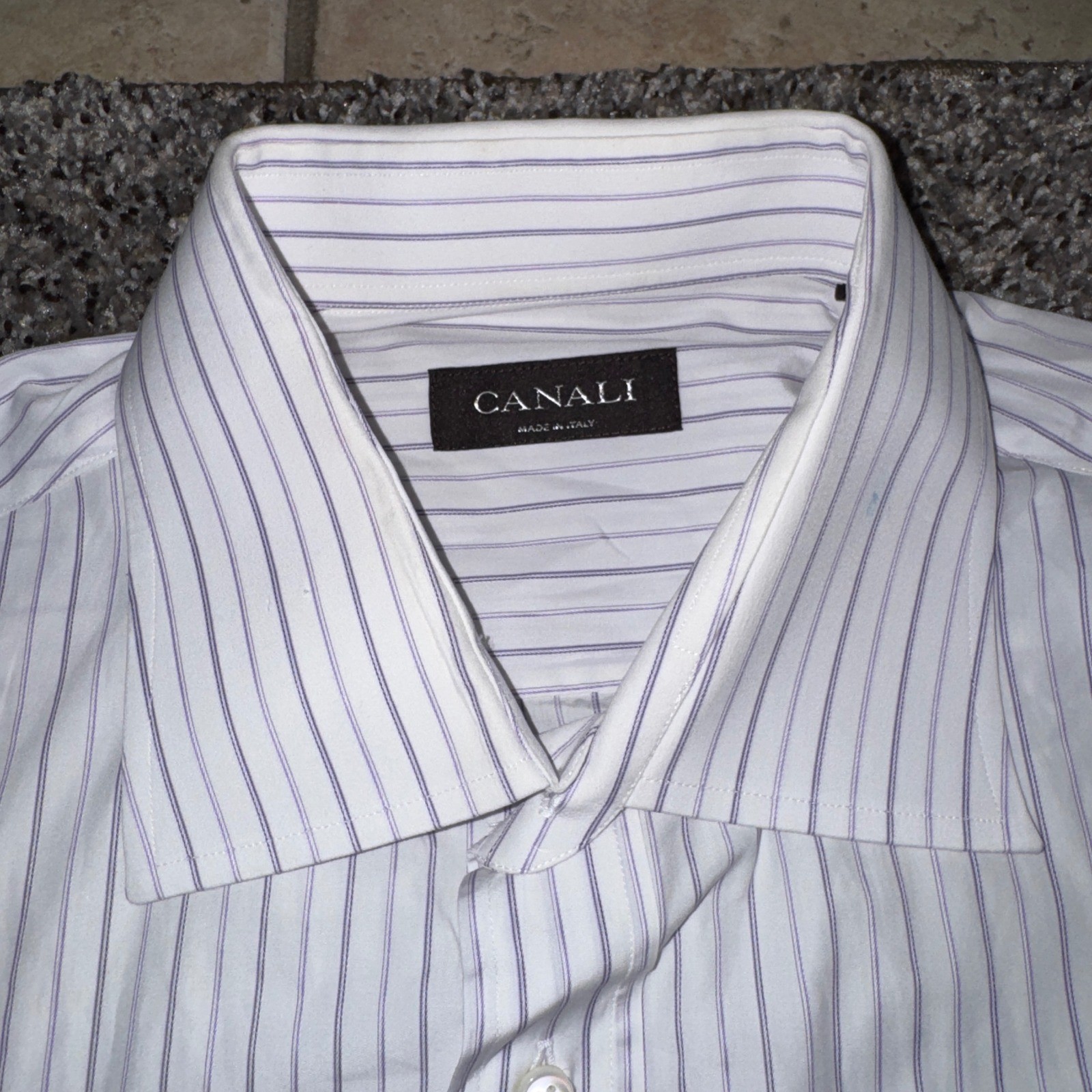 Canali Mens Dress Shirt Size 43 17 White Purple Striped Cotton French Cuff