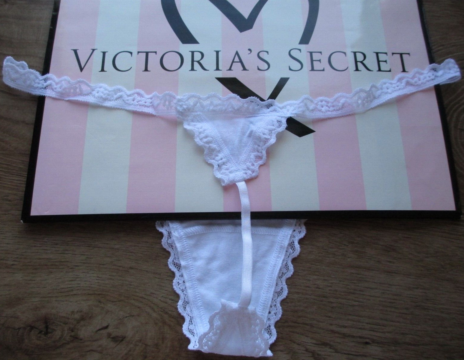 VICTORIA’S SECRET White Cotton V-String Thong Panty VS Lace Trim S M L XL NWT