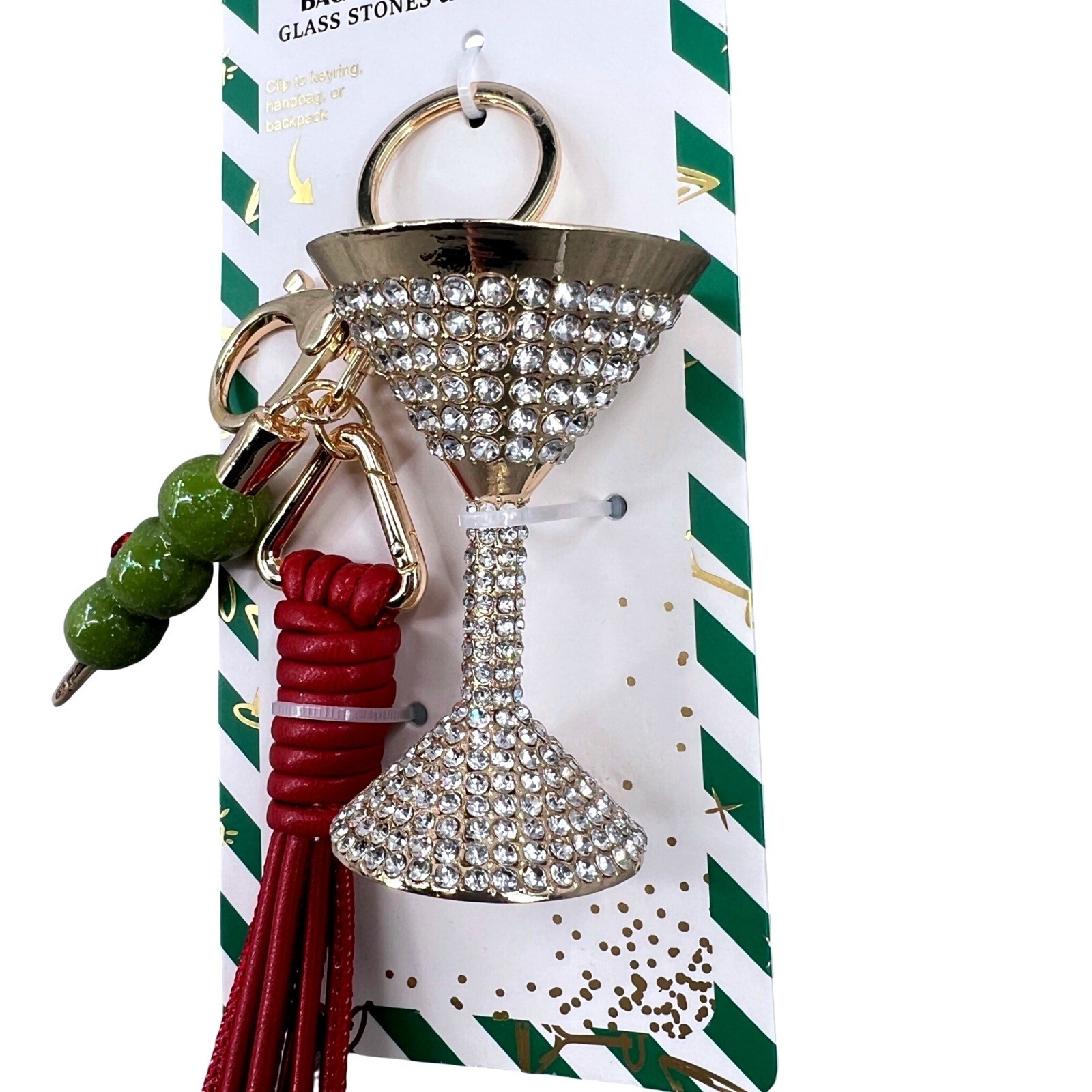 Piper K Martini Glass Olive Bag Charm Keychain Rhinestone Cocktail Tassel NWT