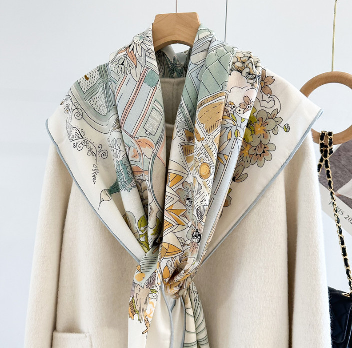70% Cashmere 30% Silk Wrap Scarf Green garden Print Double Face Print Shawl 53”
