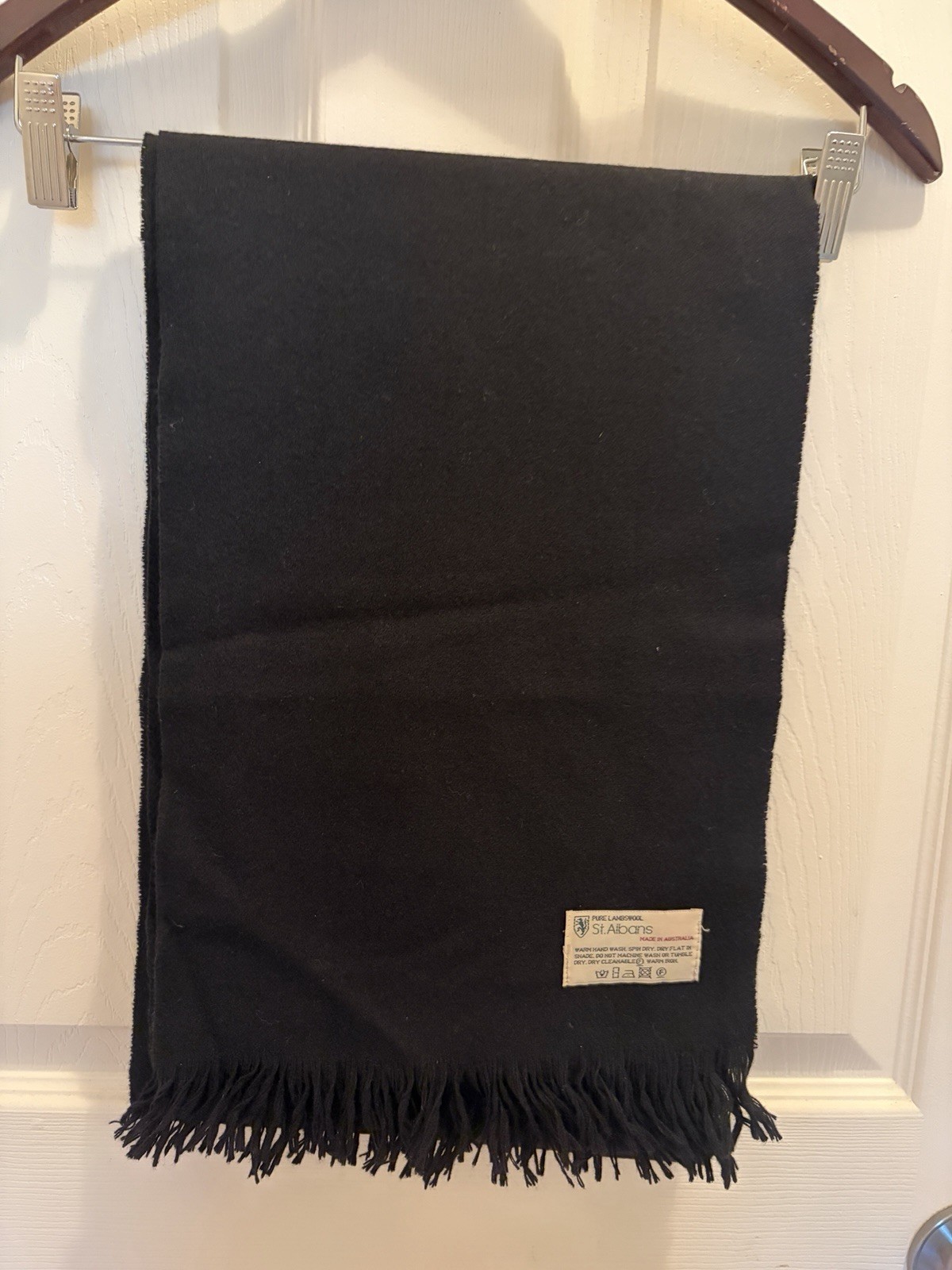 St Albans Pure Lambswool Scarf Black Fringe Made in Australia Soft Wool 12×72