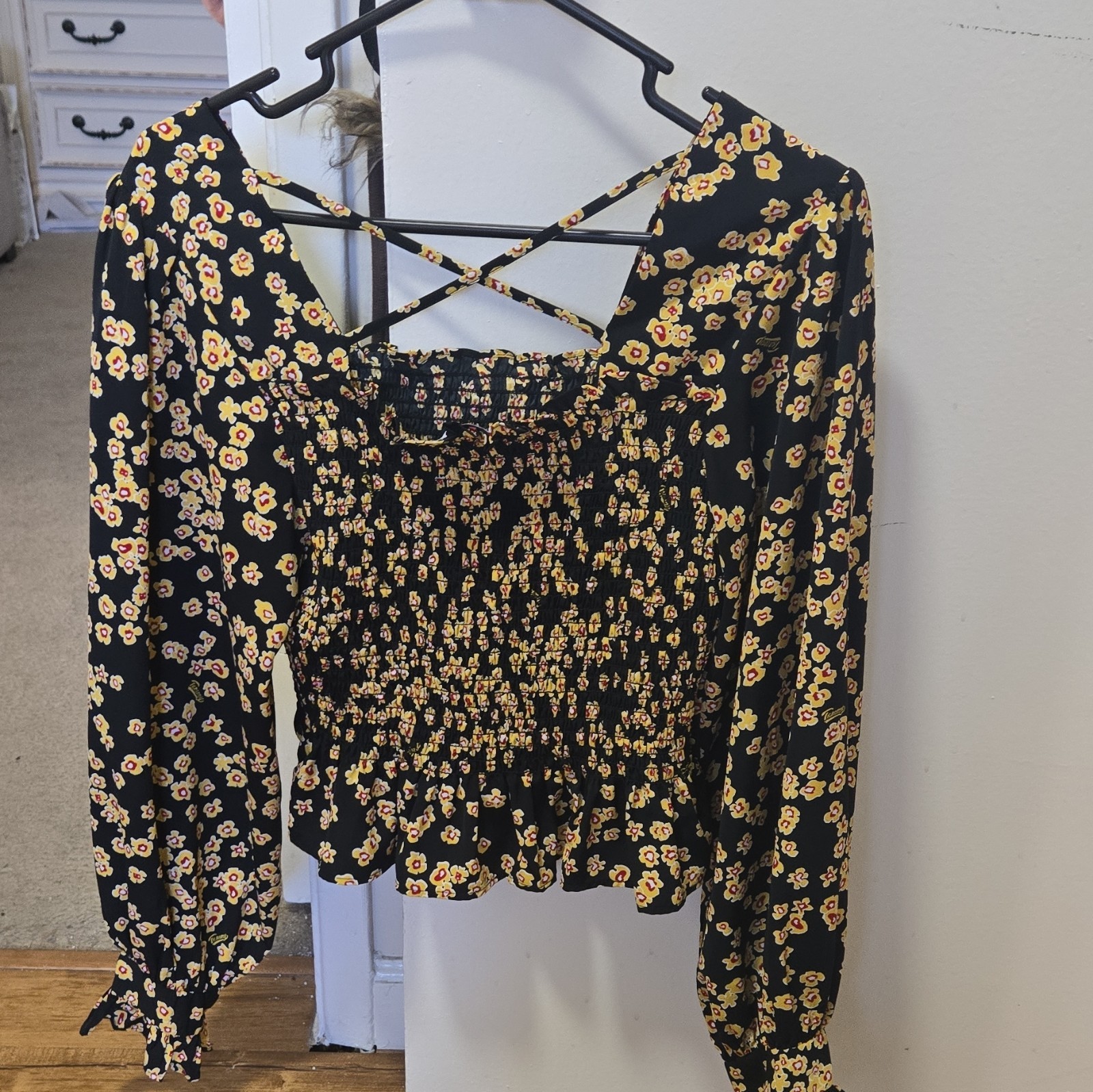 Tommy Jeans Black/Yellow/White/Red Floral Smocked Stretch Square Neck Blouse S