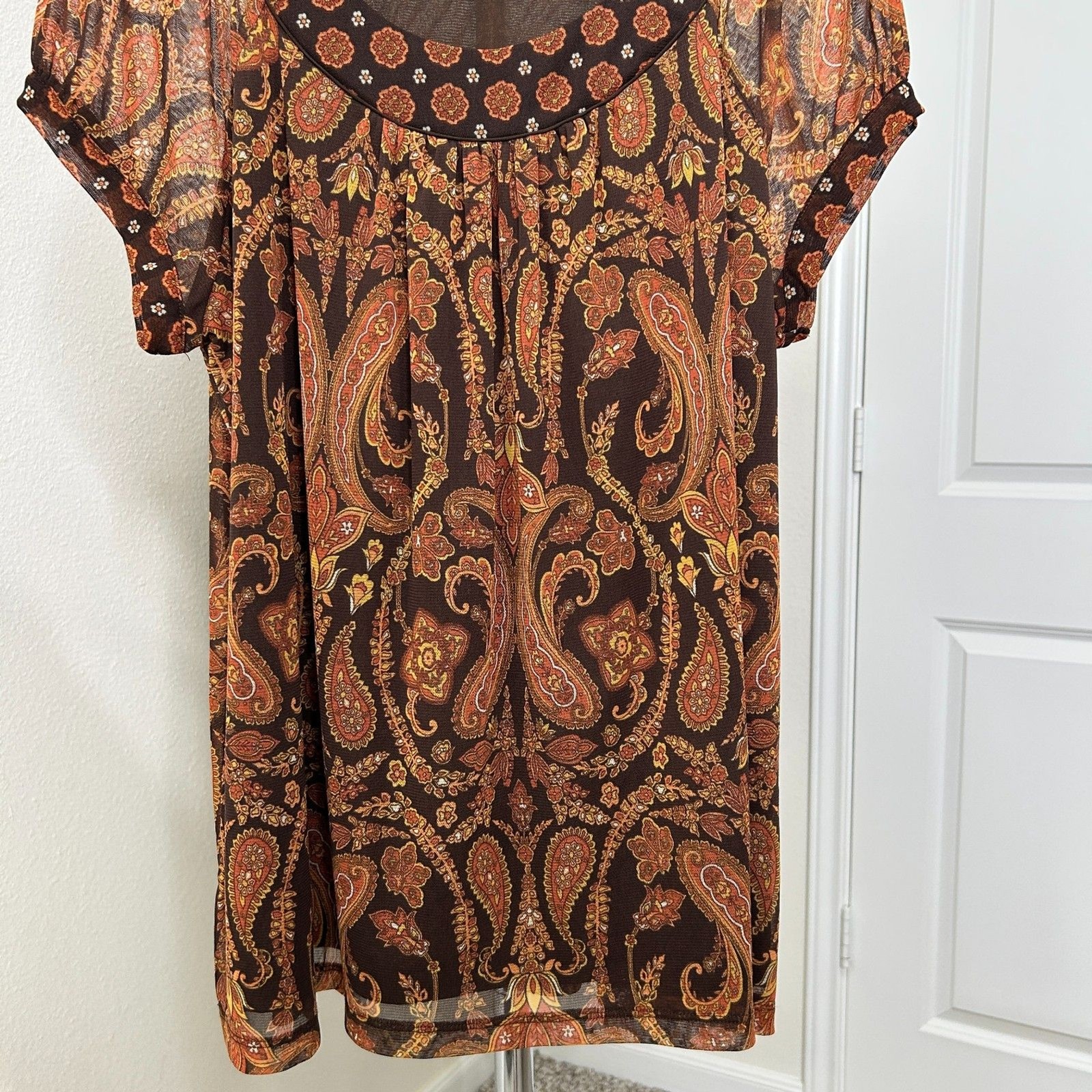 Apt. 9 Blouse Orange Brown Paisley Sheer Mesh Vintage Boho Y2K Earth Tone