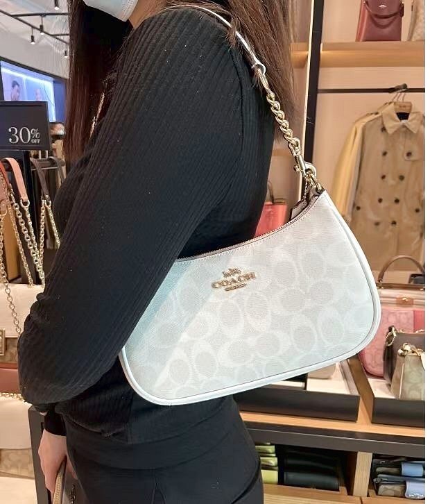 Coach Teri 2Way Shoulder Bag CA548 Signature Canvas White Smooth Leather Outlet