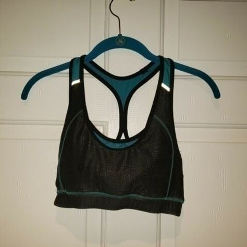 Women’s Avia sz M Black Pattern with Blue Stitching Racerback Sports Bra Padded